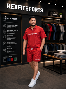 REXFIT SPORTS 2026 Custom Mens Red Nylon <b>Shirt</b> and Shorts Set Half <b>Zip</b> Lightweight Breathable Gym Training Sportswear - Product Image 6