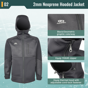 Chaqueta con Capucha de Neopreno de 2mm, Personalizable OEM/ODM, Negra/Geométrica, para Surf, con Cremallera YKK y Bolsillo para Teléfono Inteligente - Product Image 3