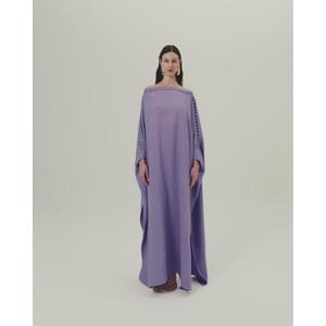 Robe longue élégante violette asymétrique en satin à épaules dénudées, coupe trapèze, manches longues, couleur unie, confortable, toutes saisons - Product Image 3