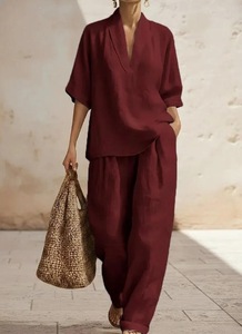 Ensemble Coordonné 2 Pièces Tendance Femme 2026 en Lin : Haut Minimaliste Col V et Pantalon Large – Tenue Décontractée d'Été pour Vacances, Imperméable - Product Image 2