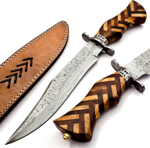 Cuchillo Bowie de Acero de Damasco Hecho a Mano con Mango de Madera y Funda de Cuero Fino, 12 Pulgadas, 1 Año de Garantía, Precio al por Mayor - Product Image 1
