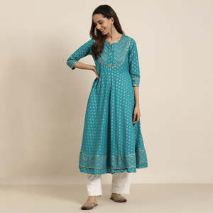 Cotton Floral Printed Anarkali <b>Kurta</b> and Short Kurti Set Teal Color <b>Women's</b> Summer Flared Casual Wear - Product Image 5