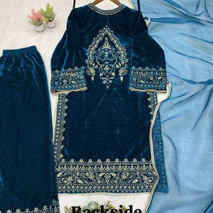 Conjunto de Top con Bordado de Lentejuelas en Terciopelo por Delante y por Detrás, Pantalones Plazzo de Terciopelo y Dupatta de Encaje de Organza, Completamente Cosido, Tallas M, L, XL y XXL - Product Image 1