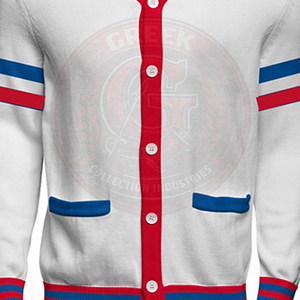 Cardigan blanc pour fraternité et sororité, rayé rouge et bleu, en acrylique tricoté, à manches longues, boutonné devant, pour homme, idéal pour l'école et le collège. - Product Image 4
