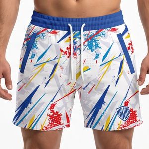 Men Geometric Print Board <b>Shorts</b> Quick Dry Drawstring Casual Swim Trunks White Blue Red Yellow Pattern Front Logo <b>Shorts</b> - Product Image 1