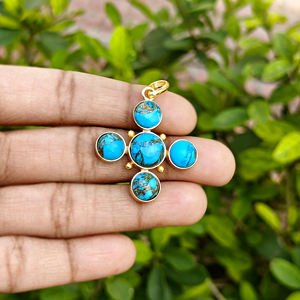 Crucifijo Cristiano de Cobre Azul Turquesa, Chapado en Oro de 18K, Colgante Religioso de Latón con Piedra, Componente para Fabricación de Joyas - Product Image 3