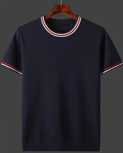 Men's Knitted Short Sleeve O Neck Solid Navy T-Shirt Contrast Trim Casual Regular Fit - Product Image 1