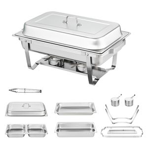 Set da Buffet in Acciaio Inossidabile da 8 Qt, 2 Pezzi, con 2 Pentole Grandi e 4 Pentole Piccole, Scaldavivande Manuale per Catering, Forma Rettangolare - Product Image 1