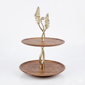 Luxury 2 Tier Acacia Wood Cake Stand With Golden Vine Bow Handle Rustic Farmhouse Tiered Serving Tray For Cupcakes Display Decor - Product Image 2