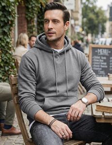 Sudadera con Capucha Oversize para Hombre, Gris Sólido, Algodón, Casual, con Bolsillos, Diseño para Otoño, Felpa de Algodón Grueso Personalizada - Product Image 3