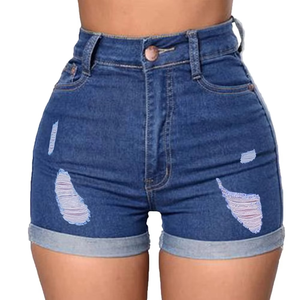Shorts en jean déchirés taille haute boutonnés à la taille pour femme Miarma & Co, longueur genou, avec poches, décontractés, en solde, prix abordables, OEM - Product Image 2