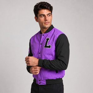 Veste universitaire pour homme, violette, manches noires, lettre L brodée, fermeture à boutons, style preppy, vêtement d'automne, coupe classique - Product Image 3