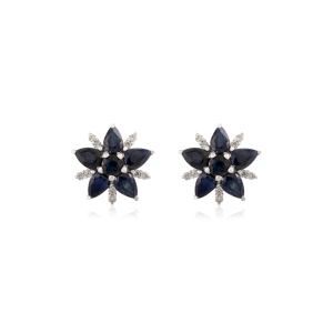 Elegant Floral Round & Pear Cut Authentic Blue Sapphire & Diamond Minimalist 925 Solid <b>Silver</b> <b>Stud</b> Earrings For Women & Girls - Product Image 1