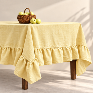 Nappe en lin faite à la main verte solide de luxe avec couverture de table à manger de ferme rustique à bord à volants - Product Image 3