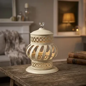 Decorative Metal Lantern <b>Lamp</b> Cream White Finish Intricate Lattice Design Crystal Knob Candle Holder & <b>Table</b> Decor - Product Image 6