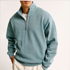 Men's Light Blue <b>Quarter</b> <b>Zip</b> Sweatshirt Regular Fit Stand Collar Casual Autumn Wear Cotton Fleece Knitted Solid Design - Product Image 2
