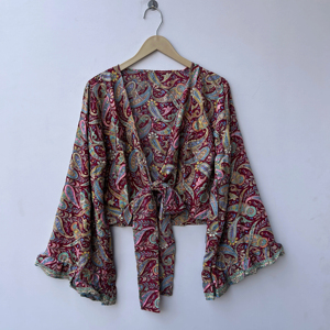 Haut en soie à manches cloche pour femme, court, à nouer, style hippie bohème - Product Image 1