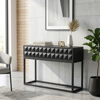 Table console de rangement moderne de luxe en teck brun, écologique, faite à la main, avec façade sculptée à motif géométrique diamant, élégante pour hôtel