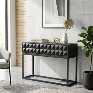 Dice <b>Console</b> <b>Black</b> Modern Wooden Entryway Table Featuring Geometric Diamond Pattern Carved Facade And Sleek Metal Frame Base - Product Image 4