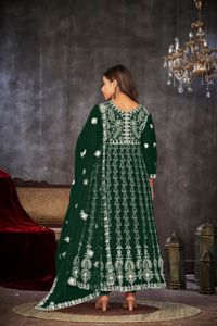 Traje Anarkali verde para mujer, el más vendido, para bodas y fiestas, manga 3/4, tela de red y santoon, semicosturado. - Product Image 4