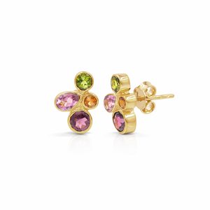 Boucles d'oreilles clous fantaisie en argent sterling 925 avec tourmalines multiples, plaquées or 1 micron, bijoux modernes - Product Image 1