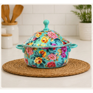 Marmite chauffe-plats en acier inoxydable avec motif floral décoratif turquoise, double paroi isolée, plat de service chaud, en vente - Product Image 4