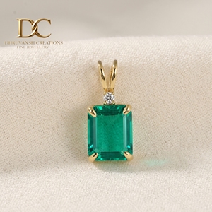 14KT <b>Solid</b> Yellow <b>Gold</b> Lab Grown Diamond & Colombian Emerald <b>Pendant</b> Charm Classic Solitaire Fine Jewelry for Women's - Product Image 5