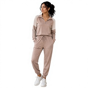 Ensemble de survêtement décontracté 2-en-1 pour femme, couleur unie, avec pull demi-zip et pantalon de survêtement à manches longues, cordon de serrage et poches, idéal pour l'hiver - Product Image 1