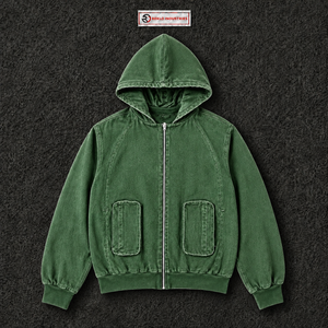 Sudadera con capucha oversize verde lavado estilo vintage streetwear de ajuste holgado con cremallera completa y bolsillos dobles con parche - Product Image 5
