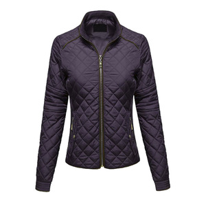 Women's <b>Purple</b> Quilted Jacket Stand Collar Zipper Closure Windproof Casual Outerwear Regular Fit Polyester Wadding Autumn Wear - Product Image 1