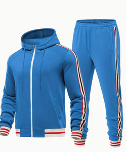 <b>Men</b> Blue Hooded Tracksuit Set Full Zip <b>Jacket</b> and Pants Solid Color Side Pockets Casual Athletic Wear Autumn Style - Product Image 1