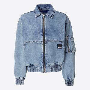 Denim Bomber <b>Jacket</b> Unisex Washed Blue Zipper Front Casual <b>Short</b> <b>Sleeve</b> Turn-down Collar - Product Image 1