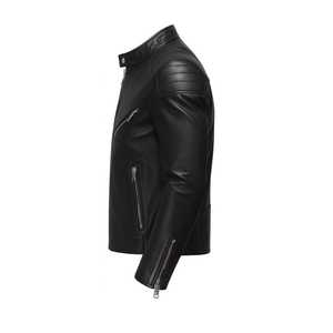 Men's PU Eco-friendly Garment Dyed Motorcycle Jacket Stand Collar Zipper Closure Slim Fit Solid <b>Black</b> Winter Wear - Product Image 3