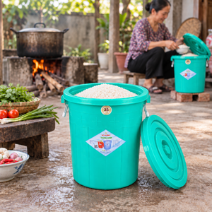 Cubo de Almacenamiento de Plástico de Grado Alimenticio de 35L con Tapa Segura y Asas Metálicas, Contenedor para Arroz, Agua, Lavandería, Herramientas, Cubo Doméstico - Product Image 1