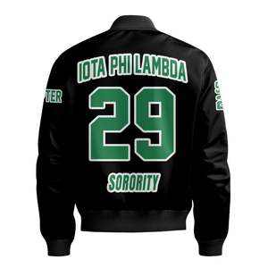 Chaqueta Universitaria Personalizada Iota Phi Lambda para Mujer, Negra, con Escudo Griego en la Parte Delantera y Trasera, Número del Año, Cierre de Cremallera, Estilo Bomber - Product Image 6