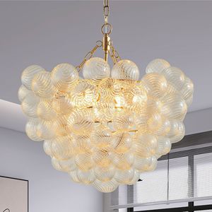 Lampadario a sospensione dorato da 23,6 pollici con paralume a globo in vetro trasparente, altezza regolabile per soggiorno e sala da pranzo - Product Image 6