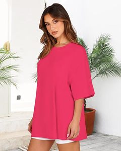 T-shirt décontracté en jersey de coton rose pour femme, coupe ample, col rond, manches courtes, couleur unie, printemps-été - Product Image 2