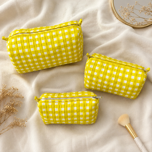 Premium Yellow Gingham 3 Piece Quilted <b>Makeup</b> Pouch Set Cotton Cosmetic Bags for Women Travel Toiletry Organizer Zipper <b>Cases</b> - Product Image 2