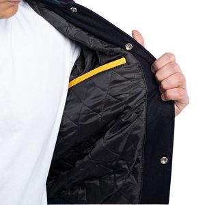 Veste universitaire américaine pour homme, manches en laine/viscose, fermeture éclair, devant patchwork, style bomber baseball, doublure matelassée - Product Image 4