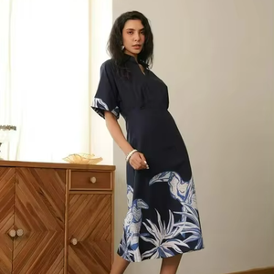 Women's Eco-Friendly Knee-Length Half Sleeve Formal Dress Custom Printed 100% Cotton Indigo Birdscape Design Woven Washable - Product Image 1