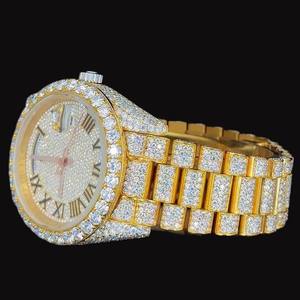 Reloj de pulsera clásico personalizado de fábrica con diamantes de moissanita, esfera redonda, movimiento de cuarzo dorado para hombre, estilo hip hop brillante - Product Image 3