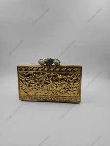 Pochette indienne artisanale en nacre avec détails géométriques en laiton et pierres d'agate, sac de soirée de luxe pour femme - Product Image 3