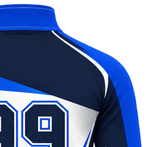 Veste de sport bleu roi et blanc à col zippé, haut d'entraînement athlétique à manches longues, personnalisable pour équipe, course à pied, entraînement, performance sportive - Product Image 5