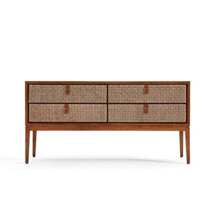 Meuble de salon moderne du milieu du siècle en bois massif avec panneaux en rotin, 4 tiroirs et grand espace de rangement - Product Image 3