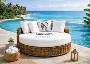 <b>Round</b> <b>Outdoor</b> Lounge Bed In All-Weather Wicker With White Pillows - Product Image 3
