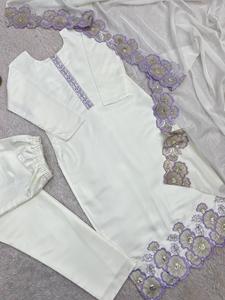 <b>Women's</b> off <b>White</b> Silk Straight <b>Suit</b> with Embroidered Dupatta Indian Pakistani Ethnic Wear Quick Dry All Seasons - Product Image 3