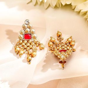 Gold Plated Alloy Vintage Necklace and Earring <b>Set</b> with Zircon Stones <b>Pearls</b> Geometric Design for Women Wedding Bridal Jewelry - Product Image 2