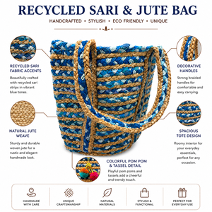 Handmade Recycled Sari and Jute Durable Waterproof Tote Bag Eco Friendly Shopping Beach Everyday Carry Wholesale - Product Image 5