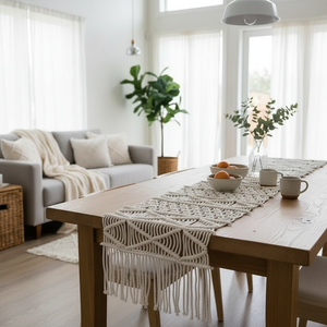 Chemin de table en macramé blanc en coton fait main, taille personnalisée, avec pompons, style bohème, pour mariage, 14x78 pouces - Product Image 5