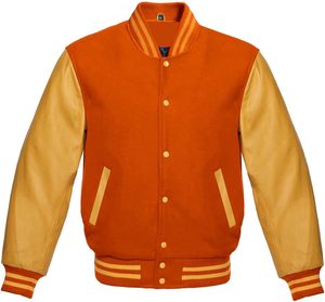 Blouson universitaire homme en cuir véritable, color block rouge et jaune, décontracté, fermeture éclair, col rabattable, coupe droite, pour l'automne - Product Image 3